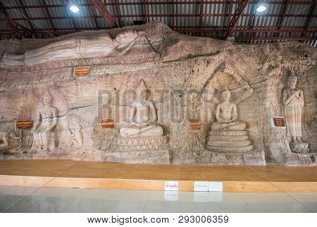 Sakon Nakhon, Thailand, January 19,2019: Golden Pagoda Sculpture, Buddha Statue And Stone Carving At