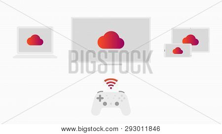 Future Gaming Concept, Cloud Gaming. Streaming Service On Tv, Smartphone, Laptop And Tablet. Vector 