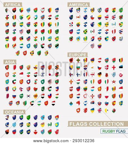 Flag Of The World In Rugby Style. Big Rugby Icon Set. World Flag With Names.