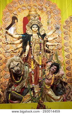 Kolkata, India - October 7, 2016: Potrait Of Goddess Durga Idol At A South Kolkata Famous Durga Puja