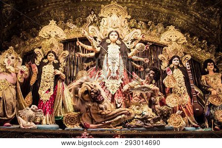 Kolkata, India - October 7, 2016: Potrait Of Goddess Durga Idol At A South Kolkata Famous Durga Puja