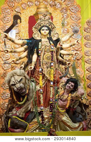 Kolkata, India - October 7, 2016: Potrait Of Goddess Durga Idol At A South Kolkata Famous Durga Puja