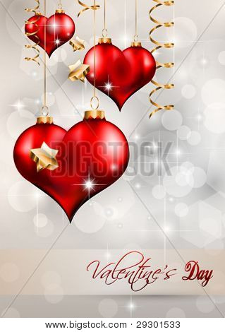 Valentýna leták s vintage třpytky pozadí a lesklé červené srdce letí vzduchem.
