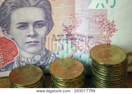 Ukrainian Money. Banknote Of Ukrainian Hryvnia. Background Of Two Hundred Hryvnia Banknotes, Coins I