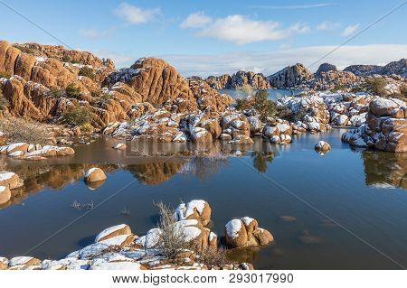 The Scenic Landscape Of Watson Lake Prescott Arizona After A Winter Snow