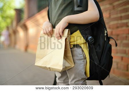 Student With Big Backpack And Lanch Bag Near The School Building. Hands And Lunch Bag Close-up. Back