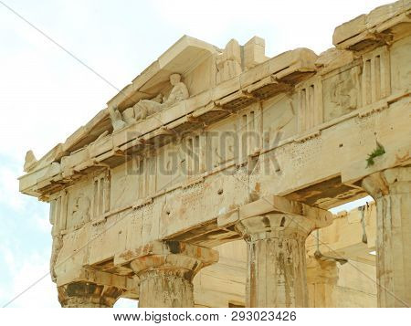 The Tympanum Of Parthenon Ancient Greek Temple On The Acropolis Of Athens, Archaeological Site In Gr