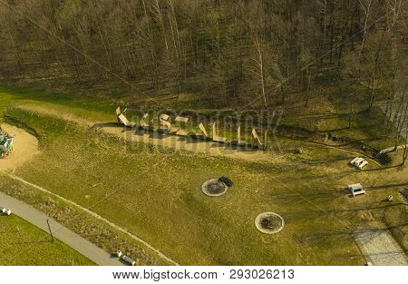 Koszalin, Poland - 30 March 2019 - Aerial View On Area Adjacent To Aquapark With Fireplace, Benches,