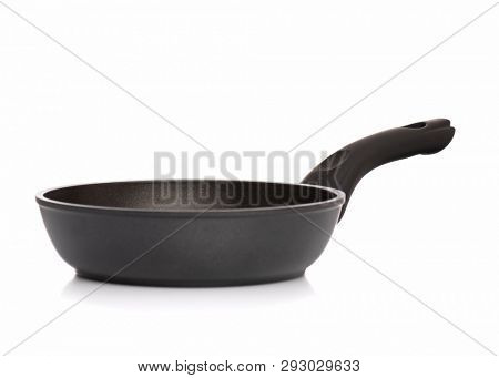 Simple new empty Non-stick Frying Pan with black handle, isolated on white background.