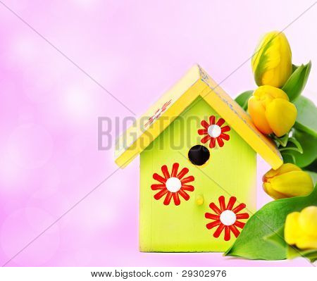 Světlé dřevěné nestbox a žluté tulipány, přes bílý