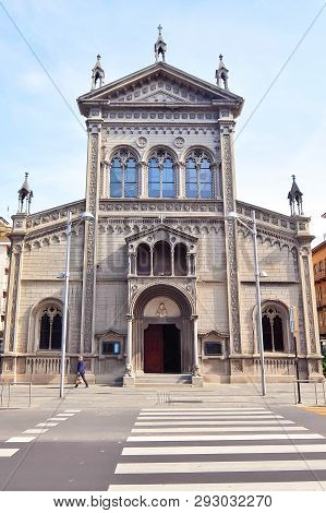 Cuneo, Italy - Circa September 2017. Facade Of Catholic Church (sacro Cuore Di Gesù) In Cuneo, Italy