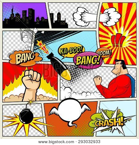 Comics Template.  Retro Comic Book Speech Bubbles Illustration. Mock-up of Comic Book Page with place for Text, Speech Bubbls, Symbols, Colored Halftone Background and Superhero