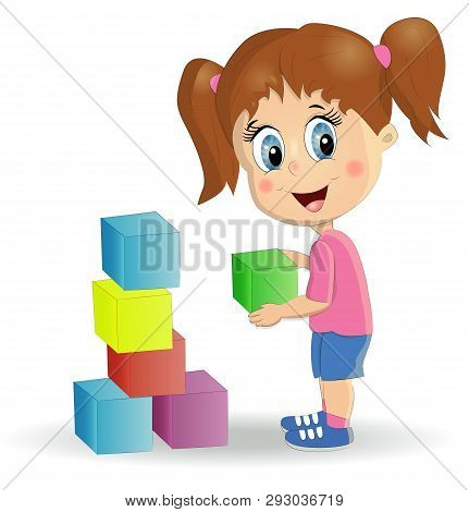 Multiracial Children Build Tower With Blocks. Kids Play Using Kit With Bright Colored Cubes. Montess