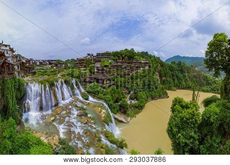 Furong ancient village and waterfall - Hunan China - travel background