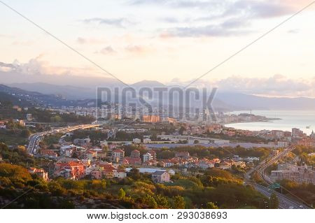 Savona, Italy - Circa September 2017. Sunset View Of Savona (italy), Seaport And Comune In The North