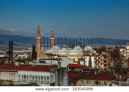 Panoramic View Of Historical Part Of Bursa, Ulu Mosque And Ulu Mountain On Background, Turkey
