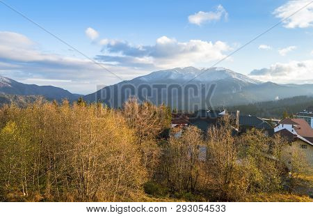 Piatra Mare Mountain Peak In Romania On A Sunny Autumn Morning.