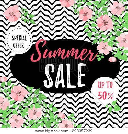 Summer Sale Banner With Dog-rose Flowers.  Design For Advertising Banners, Labels, Posters, Web Pres