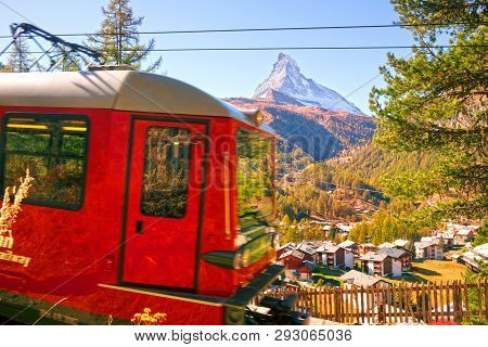 Autumn Resort Slopes And Bright Beautiful Landscape With The Famous Matterhorn Peak In Autumn In Swi