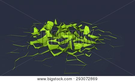 Black floor slab shell hole with green pieces. Sale poster blank template. Fallen ponderous object ground dint. Crashed floor surface. 3D rendering.