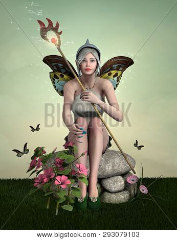 A Pretty Elf And Her Magic Scepter - 3d Illustration