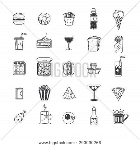 Fast Food Icons, Graphic Design Elements. Black And White Illustration.