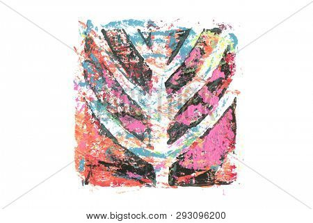 Abstract color acrylic and watercolor painting. Monoprinting  template. Canvas texture background.