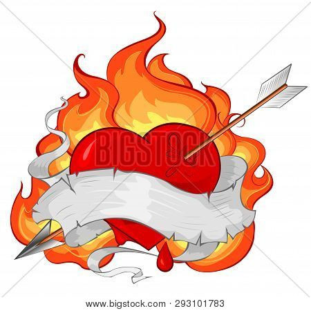Contour Artistically Drawn Conflagrant Heart, Pierced By An Arrow And It Is Entwisted By The Thin To