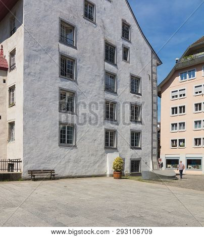 Bremgarten, Switzerland - June 16, 2018: Buildings Of The Historic Part Of The Town Of Bremgarten. B