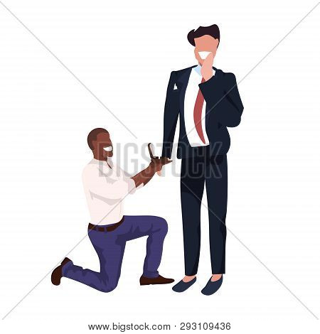African American Man Kneeling Holding Engagement Ring Proposing Boyfriend Marry Him Couple Men Homos