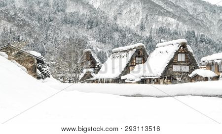 Shirakawago Village And Japan Travel Winter Season Concept - Beautiful Landscape View Of World Herit