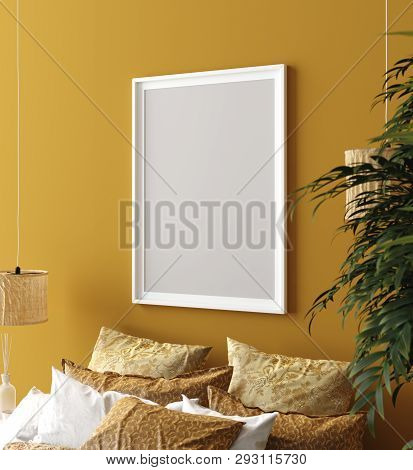 Mock Up Poster, Mustard Color Bedroom Interior With Patterned Bed, Bohemian Style, 3d Illustration