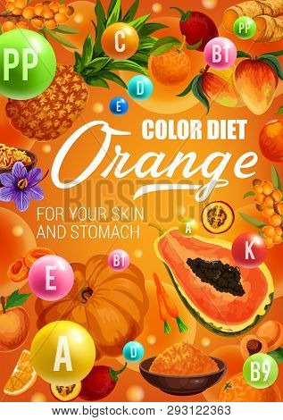 Color Diet Healthy Food Ingredients With Orange Fruits, Vegetables, Spices And Berries. Skin Health 