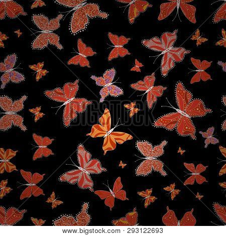 Vector Illustration. Background. In Simple Style. Abstract Cute Butterfly On Red, Orange And Black C