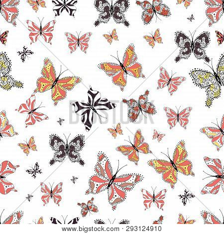 Background. In Simple Style. Abstract Cute Butterfly On White, Black And Pink Colors.  Illustration.
