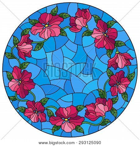 Illustration In Stained Glass Style With Abstract Flowers, Leaves And Swirls, On Blue Background