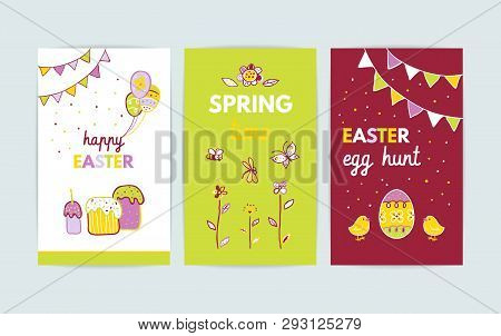 Easter Greeting Cards Set With Easter Cakes, Flags, Candlesflowers, Chickens, Butterfly, Dragonfly, 