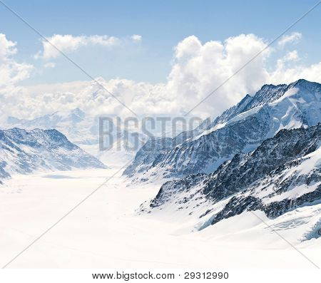 Panorama Scenic of Great Aletsch Glacier Jungfrau region,Part of Swiss Alps Alpine Snow Mountain Landscape at Switzerland.