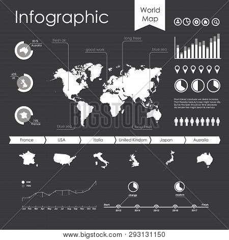 Vector Set Elements Of Infographics. World Map And Information Graphics. Black And White Illustratio