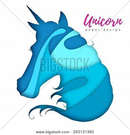 Fantasy Animal Horse Unicorn Silhouette. Cut Out Paper Art Style Design.