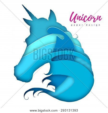 Fantasy Animal Horse Unicorn Silhouette. Cut Out Paper Art Style Design.