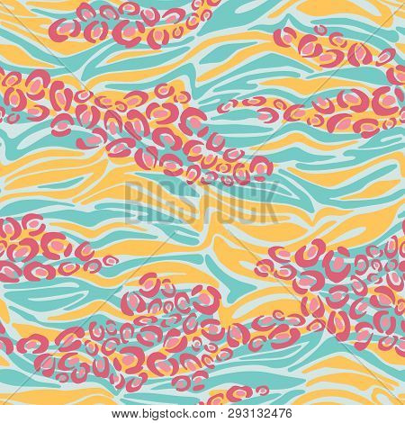 Colorful Zebra And Leopard Animal Skin Seamless Vector Repeat Pattern Background. Surface Pattern De
