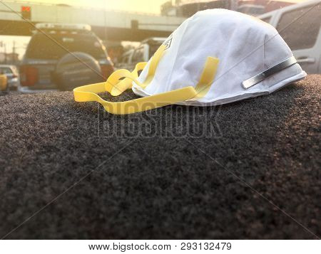 Pm2.5 Dust Mask Protection In Front Of Car. Ready To Wear When Go Outside To Protect Air Pollution.