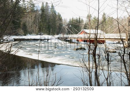 Long Exposure Photo. Dam And Threshold On The River Jokelanjoki, Kouvola, Finland