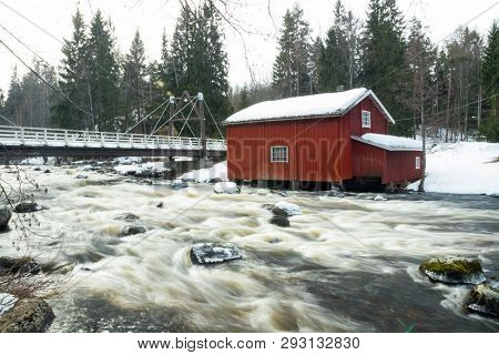 Long Exposure Photo. Dam And Threshold On The River Jokelanjoki, Kouvola, Finland
