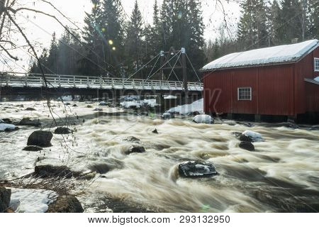 Long Exposure Photo. Dam And Threshold On The River Jokelanjoki, Kouvola, Finland
