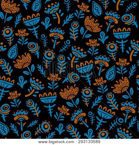 Doodle Flowers Seamless Pattern Flat Vector Illustration. Fabulous Plants Isolated On Black Backgrou
