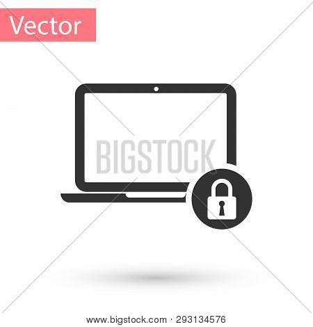 Grey Laptop And Lock Icon Isolated On White Background. Computer And Padlock. Security, Safety, Prot