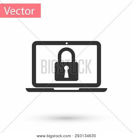 Grey Laptop And Lock Icon Isolated On White Background. Computer And Padlock. Security, Safety, Prot