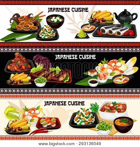 Japanese Cuisine Fish, Seafood And Vegetable Dishes Vector Banners. Sushi, Baked Mackerel, Potato An